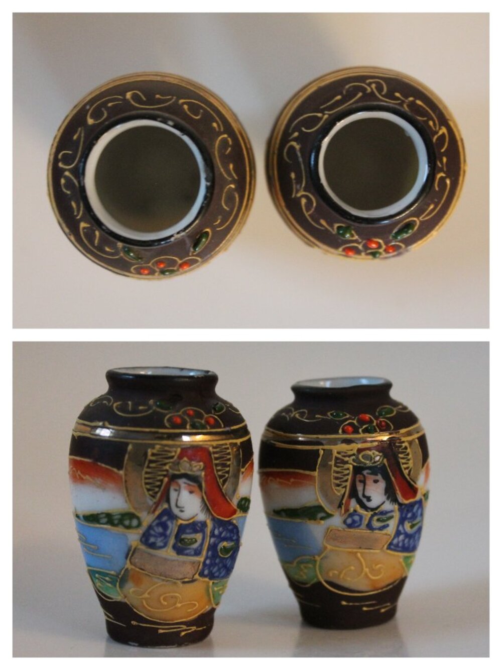 Pair of Miniature Satsuma-style Moriage Vases (Japan, c. 1930)